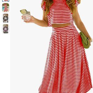 Summer 2 Piece Outfit- Striped Skirt Set -Cap Sleeve Crop Top- Red and White